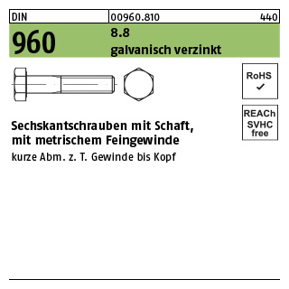 50 Stück, DIN 960 8.8 galvanisch verzinkt Sechskantschrauben mit Schaft, mit metrischem Feingewinde - Abmessung: M 12x1,25x100