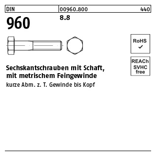 50 Stück, DIN 960 8.8 Sechskantschrauben mit Schaft, mit metrischem Feingewinde - Abmessung: M 12 x1,5 x130