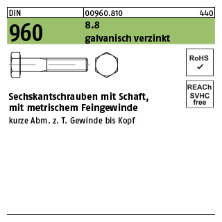 50 Stück, DIN 960 8.8 galvanisch verzinkt Sechskantschrauben mit Schaft, mit metrischem Feingewinde - Abmessung: M 12x1,5 x140