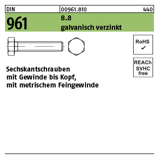 200 Stück, DIN 961 8.8 galvanisch verzinkt Sechskantschrauben mit Gewinde bis Kopf, mit metrischem Feingewinde - Abmessung: M 8 x1 x 20