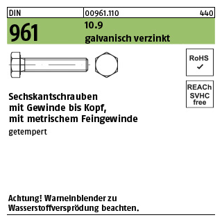 200 Stück, DIN 961 10.9 galvanisch verzinkt Sechskantschrauben mit Gewinde bis Kopf, mit metrischem Feingewinde - Abmessung: M 10 x1 x 30