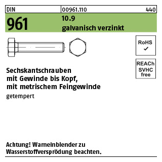 50 Stück, DIN 961 10.9 galvanisch verzinkt Sechskantschrauben mit Gewinde bis Kopf, mit metrischem Feingewinde - Abmessung: M 16 x1,5 x 40