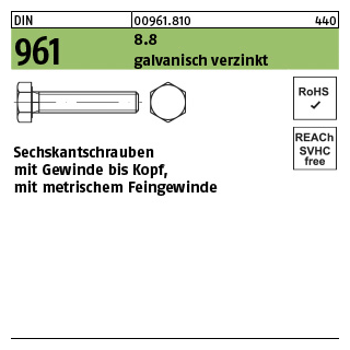 25 Stück, DIN 961 8.8 galvanisch verzinkt Sechskantschrauben mit Gewinde bis Kopf, mit metrischem Feingewinde - Abmessung: M 20 x1,5 x 55