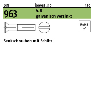 200 Stück, DIN 963 4.8 galvanisch verzinkt Senkschrauben mit Schlitz - Abmessung: M 2 x 12