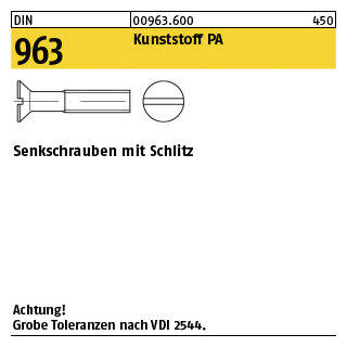 200 Stück, DIN 963 Kunststoff PA Senkschrauben mit Schlitz - Abmessung: M 3 x 8