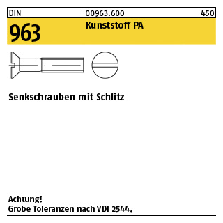 200 Stück, DIN 963 Kunststoff PA Senkschrauben mit Schlitz - Abmessung: M 3 x 16