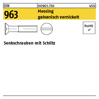 200 Stück, DIN 963 Messing galvanisch vernickelt Senkschrauben mit Schlitz - Abmessung: M 3 x 30