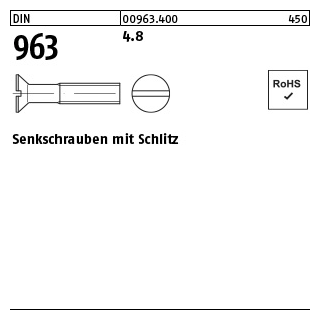 1000 Stück, DIN 963 4.8 Senkschrauben mit Schlitz - Abmessung: M 4 x 22