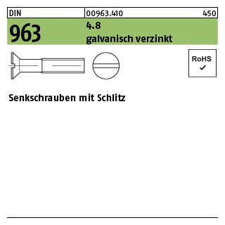 200 Stück, DIN 963 4.8 galvanisch verzinkt Senkschrauben mit Schlitz - Abmessung: M 6 x 20