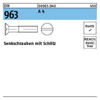 100 Stück, DIN 963 A 4 Senkschrauben mit Schlitz - Abmessung: M 6 x 20