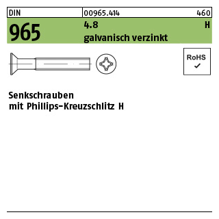 200 Stück, DIN 965 4.8 H galvanisch verzinkt Senkschrauben mit Phillips-Kreuzschlitz H - Abmessung: M 2 x 20 -H