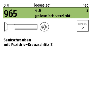 2000 Stück, DIN 965 4.8 Z galvanisch verzinkt Senkschrauben mit Pozidriv-Kreuzschlitz Z - Abmessung: M 2,5 x 4 -Z