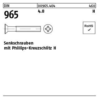 2000 Stück, DIN 965 4.8 H Senkschrauben mit Phillips-Kreuzschlitz H - Abmessung: M 2,5 x 6 -H