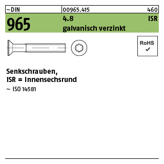 2000 Stück, ~DIN 965 4.8 ISR galvanisch verzinkt Senkschrauben, mit Innensechsrund - Abmessung: M 3 x 4 -T10