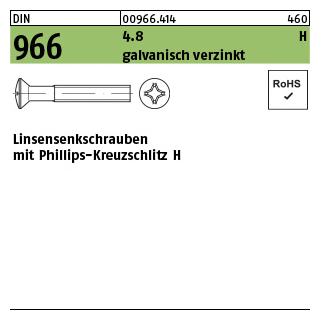 200 Stück, DIN 966 4.8 H galvanisch verzinkt Linsensenkschrauben mit Phillips-Kreuzschlitz H - Abmessung: M 2,5 x 6 -H