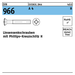 500 Stück, DIN 966 A 4 H Linsensenkschrauben mit Phillips-Kreuzschlitz H - Abmessung: M 5 x 20 -H