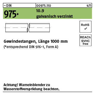 1 Stück, ~DIN 975 10.9 galvanisch verzinkt Gewindestangen, Länge 1000 mm - Abmessung: M 8