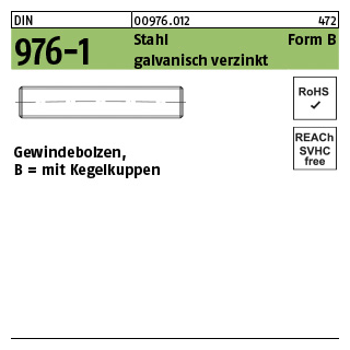 100 Stück, DIN 976-1 Stahl Form B galvanisch verzinkt Gewindebolzen, mit Kegelkuppen - Abmessung: BM 8 x 50