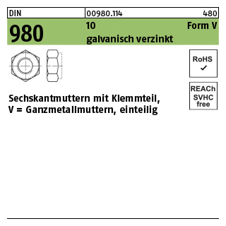 1000 Stück, DIN 980 10 Form V galvanisch verzinkt Sechskantmuttern mit Klemmteil, Ganzmetallmuttern, einteilig - Abmessung: VM 6