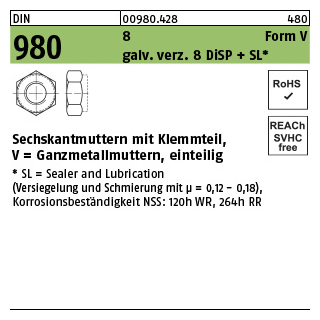 1000 Stück, DIN 980 8 Form V galv. verz. 8 DiSP + SL Sechskantmuttern mit Klemmteil, Ganzmetallmuttern, einteilig - Abmessung: V M 6