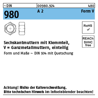 1000 Stück, ~DIN 980 A 2 Form V Sechskantmuttern mit Klemmteil, Ganzmetallmuttern, einteilig - Abmessung: VM 6