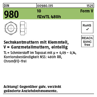 500 Stück, DIN 980 10 Form V flZn/TL 480h (zinklamellenbesch.) Sechskantmuttern mit Klemmteil, Ganzmetallmuttern, einteilig - Abmessung: VM 8