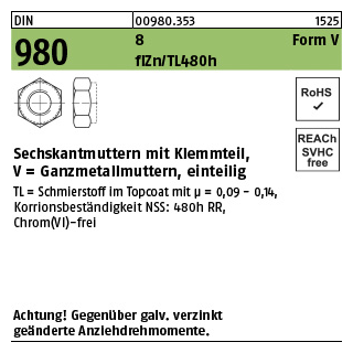 500 Stück, DIN 980 8 Form V flZn/TL 480h (zinklamellenbesch.) Sechskantmuttern mit Klemmteil, Ganzmetallmuttern, einteilig - Abmessung: VM 8