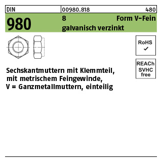 100 Stück, DIN 980 8 Form V-Fein galvanisch verzinkt Sechskantmuttern mit Klemmteil, mit metr. Feingew., Ganzmetallmutter - Abmessung: VM 10 x 1