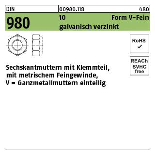 100 Stück, DIN 980 10 Form V-Fein galvanisch verzinkt Sechskantmuttern mit Klemmteil, mit metr. Feingew., Ganzmetallmutter - Abmessung: VM 12 x 1,25