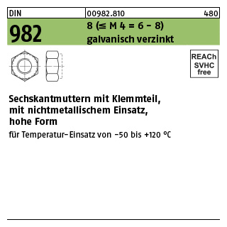 1000 Stück, DIN 982 8 (<= M 4 = 6-8) galvanisch verzinkt Sechskantmuttern mit Klemmteil, mit nichtmetallischem Einsatz, hohe Form - Abmessung: M 4