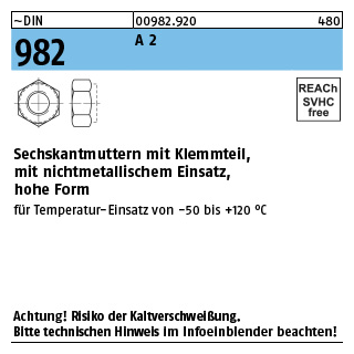 100 Stück, ~DIN 982 A 2 Sechskantmuttern mit Klemmteil, mit nichtmetallischem Einsatz, hohe Form - Abmessung: M 5