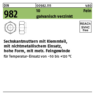 100 Stück, DIN 982 10 Fein galvanisch verzinkt Sechskantmuttern mit Klemmteil, mit nichtmet. Einsatz, mit met. Feingew. - Abmessung: M 10 x 1