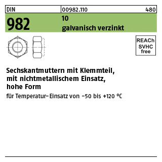 100 Stück, DIN 982 10 galvanisch verzinkt Sechskantmuttern mit Klemmteil, mit nichtmetallischem Einsatz, hohe Form - Abmessung: M 12