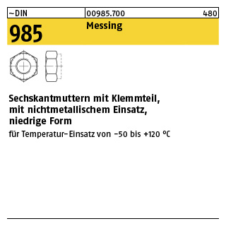 100 Stück, ~DIN 985 Messing Sechskantmuttern mit Klemmteil, mit nichtmetallischem Einsatz, niedrige Form - Abmessung: M 4