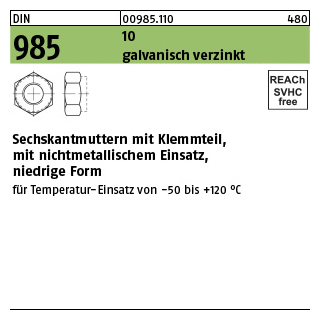 1000 Stück, DIN 985 10 galvanisch verzinkt Sechskantmuttern mit Klemmteil, mit nichtmetallischem Einsatz, niedrige Form - Abmessung: M 6