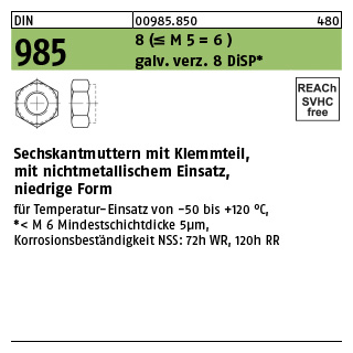 100 Stück, DIN 985 8 (<=M 5 = 6 ) galv. verz. 8 DiSP Sechskantmuttern mit Klemmteil, mit nichtmetallischem Einsatz, niedrige Form - Abmessung: M 6