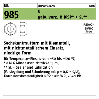 500 Stück, DIN 985 8 (<=M 5 = 6#8 ) galv. verz. 8 DiSP + SL Sechskantmuttern mit Klemmteil, mit nichtmetallischem Einsatz, nied. Form - Abmessung: M 8