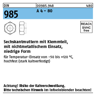 500 Stück, ~DIN 985 A 4 - 80 Sechskantmuttern mit Klemmteil, mit nichtmetallischem Einsatz, niedrige Form - Abmessung: M 8