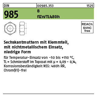 500 Stück, DIN 985 8 flZn/TL 480h (zinklamellenbesch.) Sechskantmuttern mit Klemmteil, mit nichtmetallischem Einsatz, niedrige Form - Abmessung: M 10