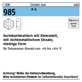 ~DIN 985 A 4 Sechskantmuttern mit Klemmteil, mit nichtmetallischem Einsatz, niedrige Form - Abmessung: M 30, Inhalt: 10 Stück