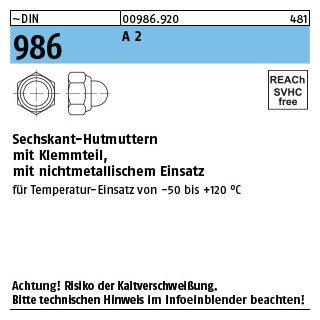 100 Stück, ~DIN 986 A 2 Sechskant-Hutmuttern mit Klemmteil mit nichtmetallischem Einsatz - Abmessung: M 10 SW 17