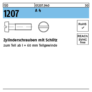 1000 Stück, ISO 1207 A 4 Zylinderschrauben mit Schlitz - Abmessung: M 3 x 30