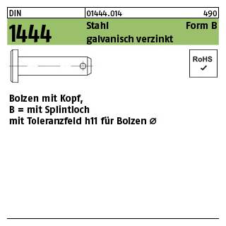 100 Stück, DIN 1444 Stahl Form B galvanisch verzinkt Bolzen mit Kopf, mit Splintloch mit Toleranzfeld h11 für Bolzen Ø - Abmessung: B 8 x 25/21,5