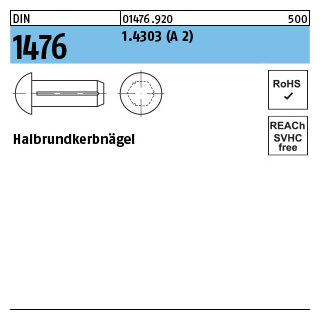 100 Stück, DIN 1476 1.4303 (A 2) Halbrundkerbnägel - Abmessung: 1,6 x 6