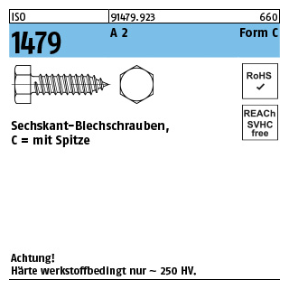 1000 Stück, ISO 1479 A 2 Form C Sechskant-Blechschrauben, C = mit Spitze - Abmessung: C 2,9 x 9,5