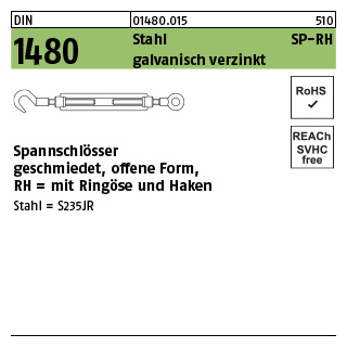 1 Stück, DIN 1480 Stahl SP-RH galvanisch verzinkt Spannschlösser geschmiedet, offene Form mit Ringöse und Haken - Abmessung: SP-RH M 6