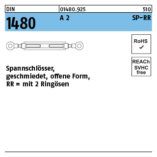 1 Stück, DIN 1480 A 2 SP-RR Spannschlösser geschmiedet, offene Form, mit 2 Ringösen - Abmessung: SP-RR M 8