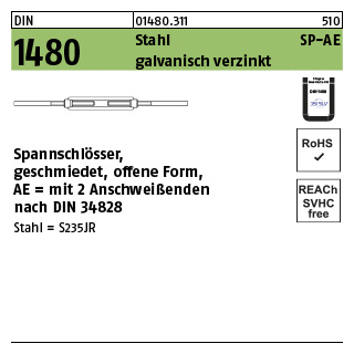 1 Stück, DIN 1480 Stahl SP-AE galvanisch verzinkt, ÜZ Spannschlösser, geschmiedet, offene Form mit 2 Anschweißenden - Abmessung: SP-AE M 10