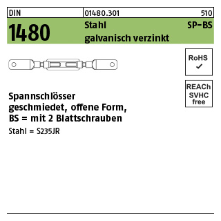 1 Stück, DIN 1480 Stahl SP-BS galvanisch verzinkt Spannschlösser geschmiedet, offene Form, mit 2 Battschraube - Abmessung: SP BS M 12