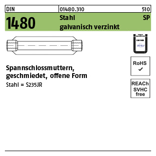 1 Stück, DIN 1480 Stahl SP galvanisch verzinkt, ÜZ Spannschlossmuttern, geschmiedet, offene Form - Abmessung: SP M 16 / 170